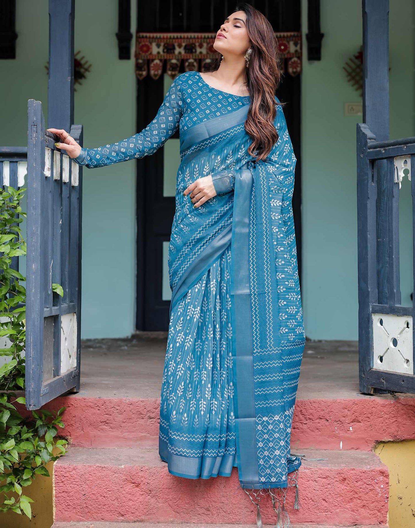 Agitated Blue Printed Saree