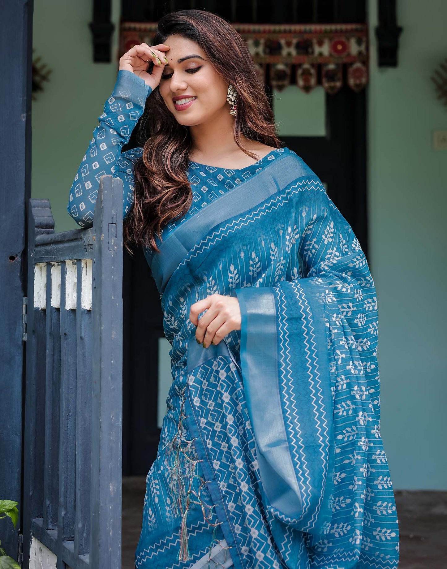 Agitated Blue Printed Saree