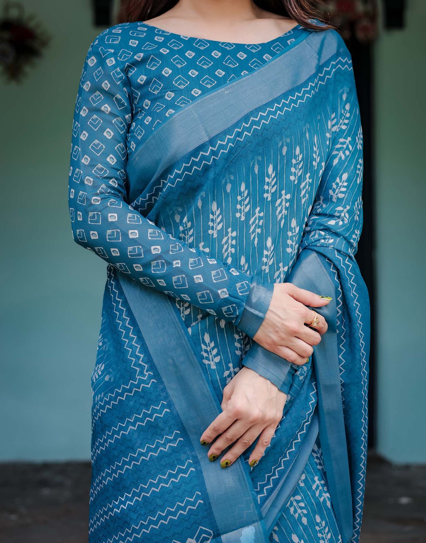 Agitated Blue Printed Saree