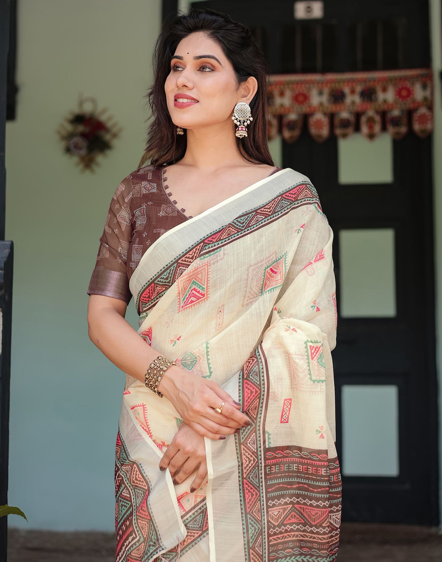 Emolient Cream Printed Saree