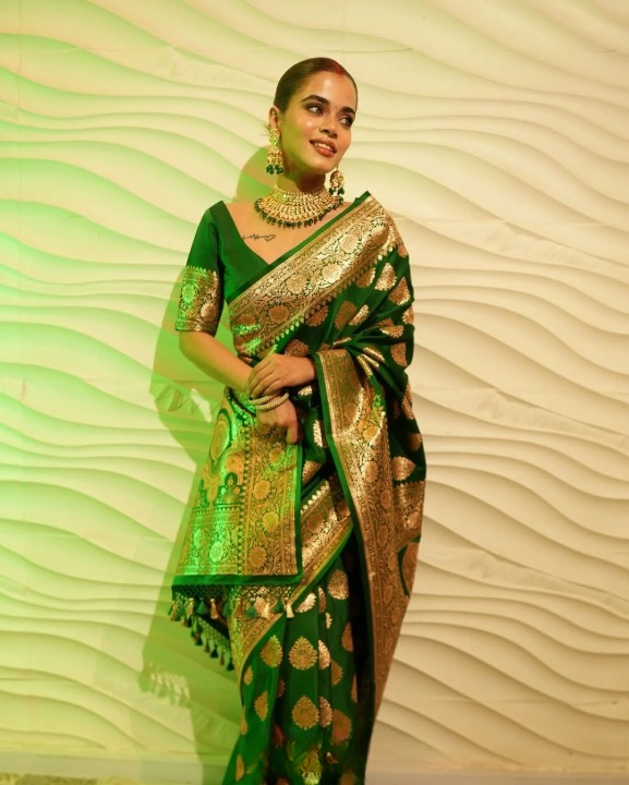 Cornucopian Green Woven Banarasi Saree
