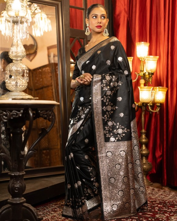 Charcoal Black Woven Banarasi Saree