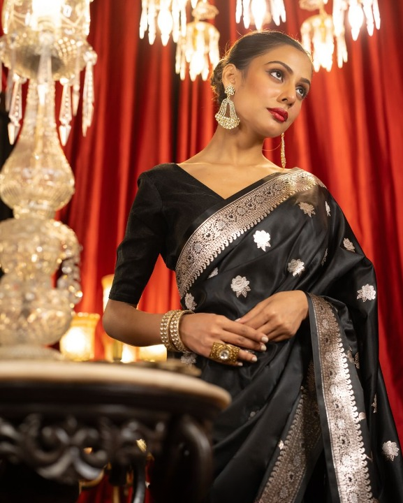 Charcoal Black Woven Banarasi Saree