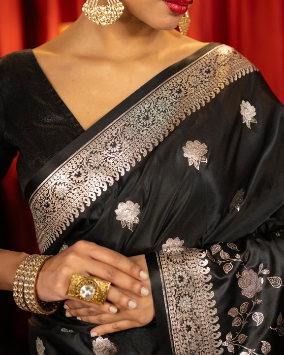 Charcoal Black Woven Banarasi Saree