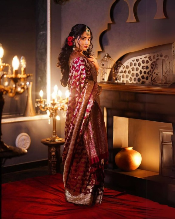 Claret Red Woven Banarasi Saree