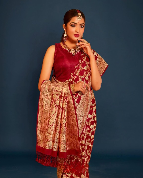 Claret Red Woven Banarasi Saree