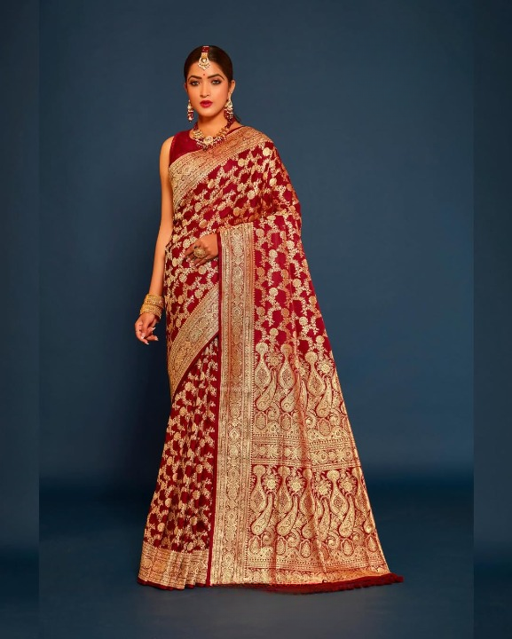 Claret Red Woven Banarasi Saree