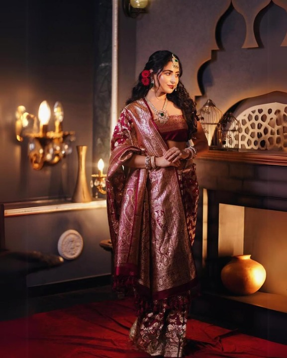 Claret Red Woven Banarasi Saree