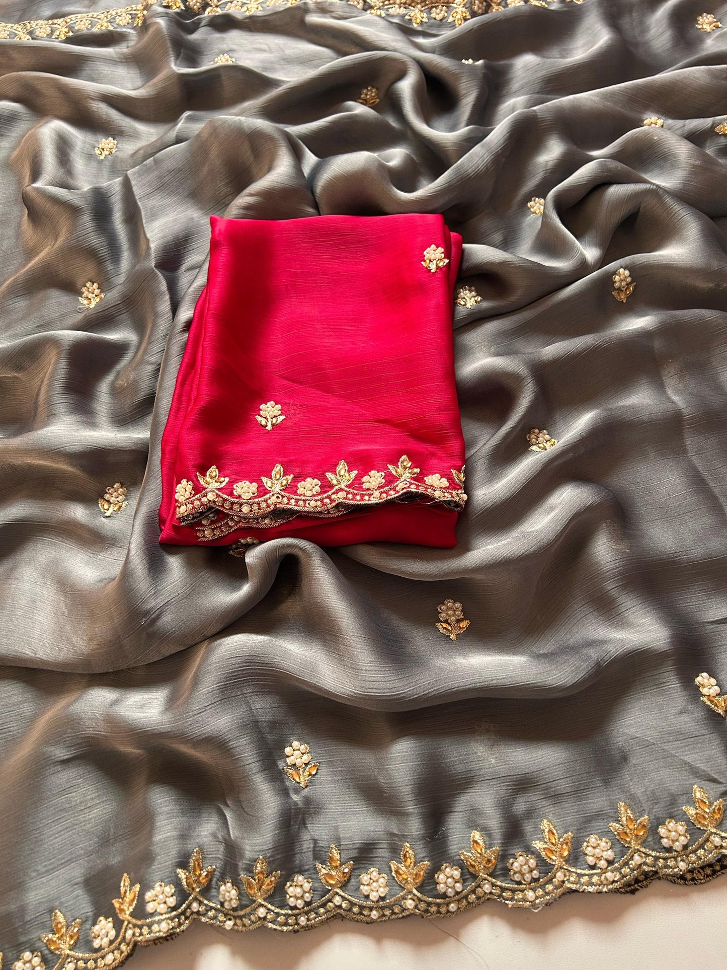 Satin Chiffon Embroidery Saree
