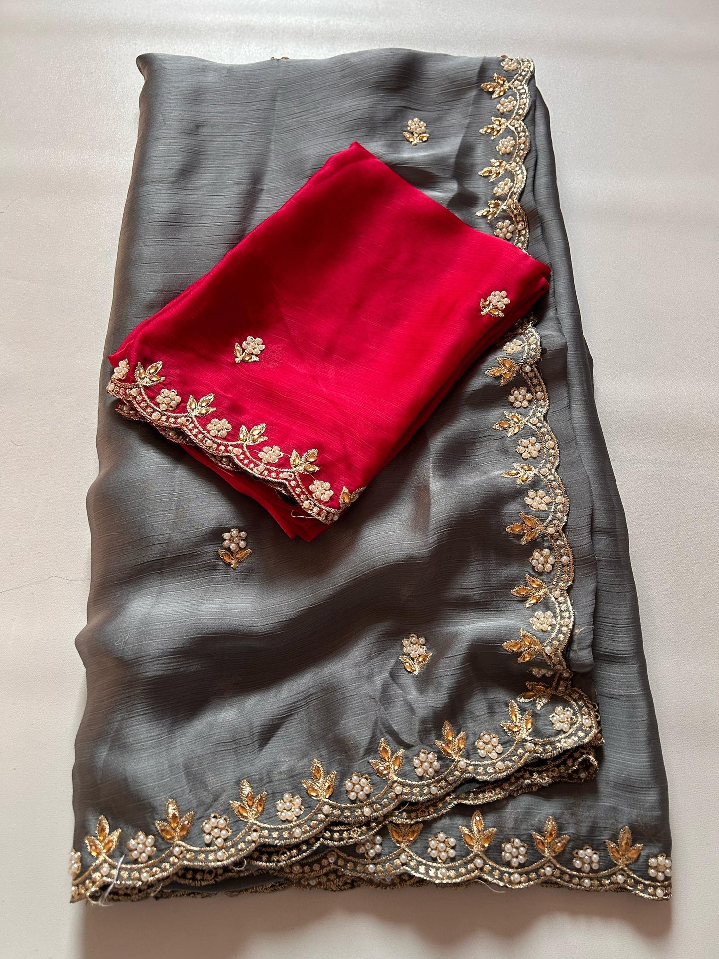Satin Chiffon Embroidery Saree