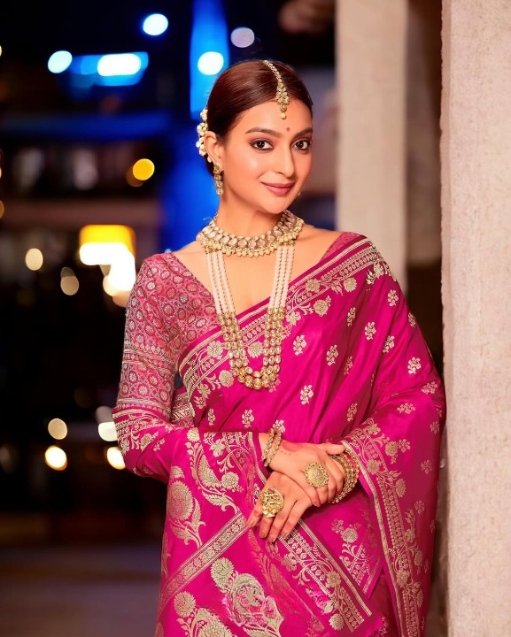Carmine Pink Woven Banarasi Saree