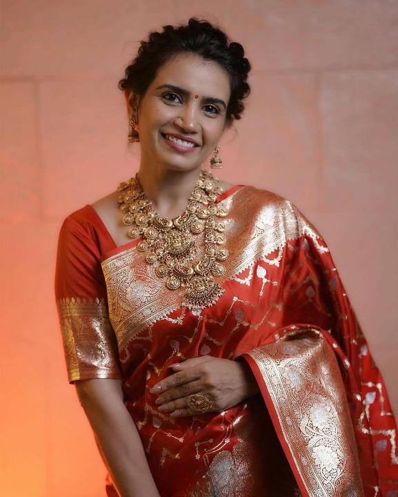 Rufescent Red Woven Banarasi Saree