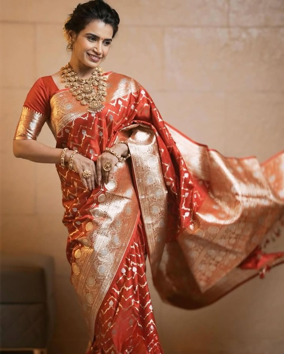 Rufescent Red Woven Banarasi Saree