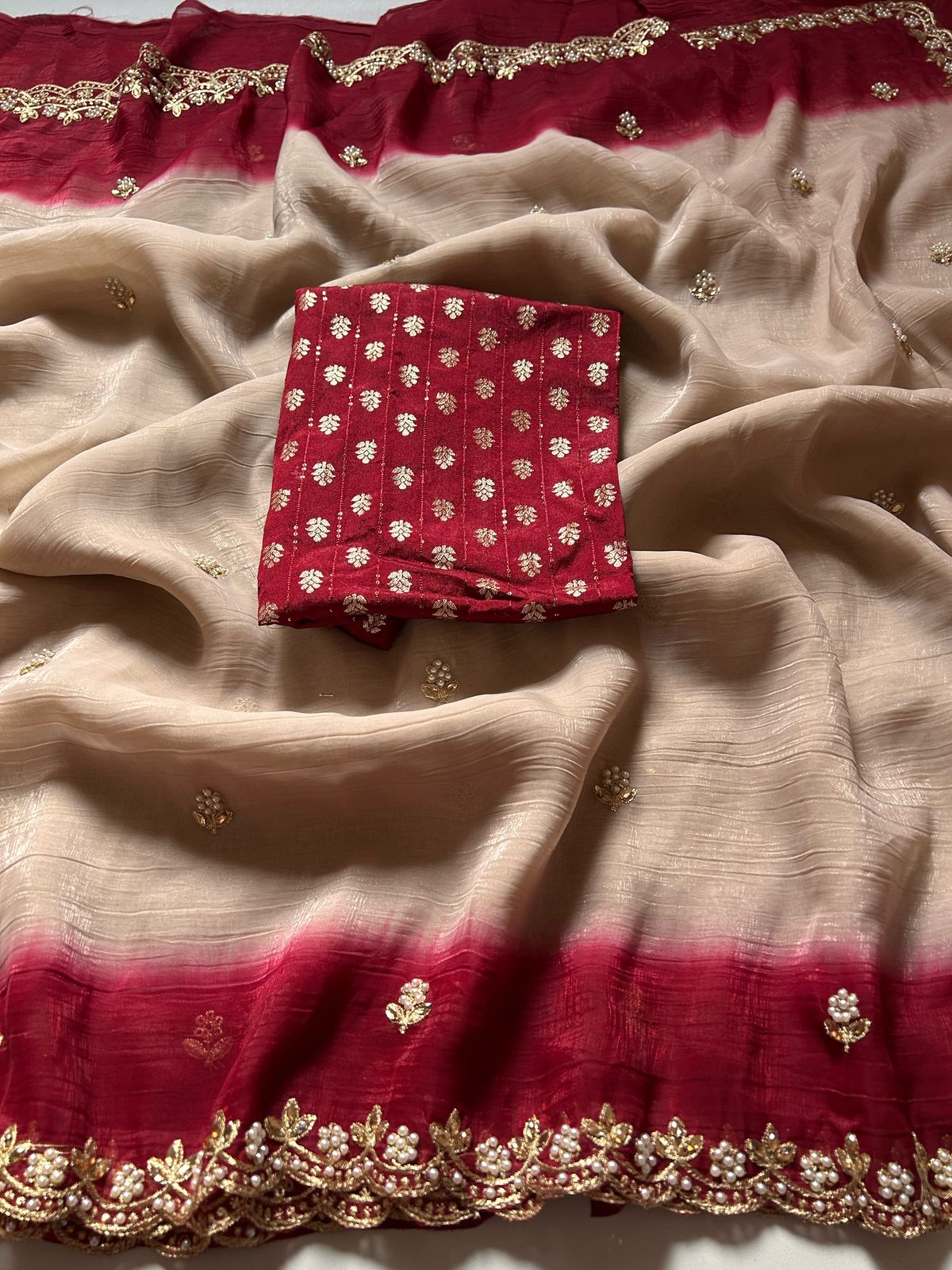 Lackluster Beige Chiffon Silk With Embroidery Saree