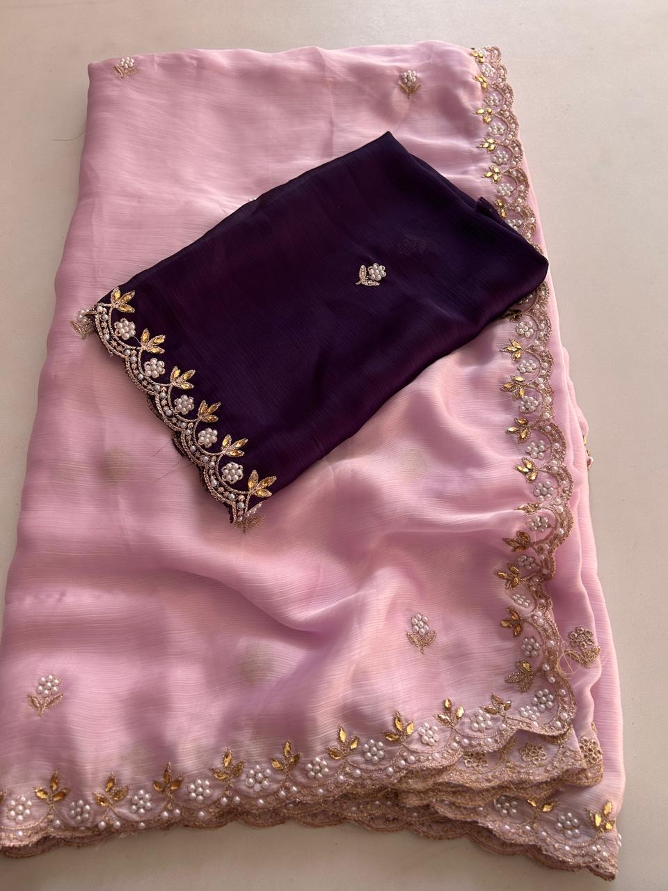 Satin Chiffon Embroidery Saree