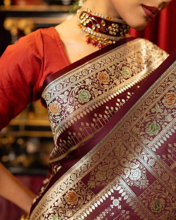 Abandon Maroon Woven Banarasi Saree