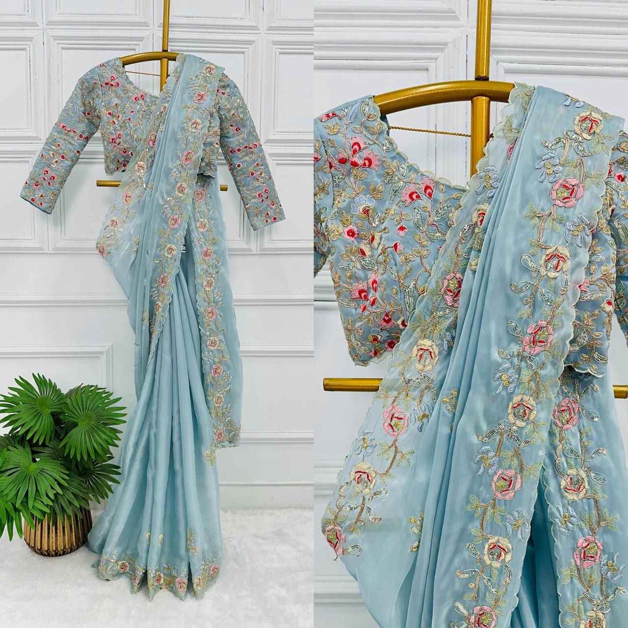 Cerulean Blue Embroidery Saree