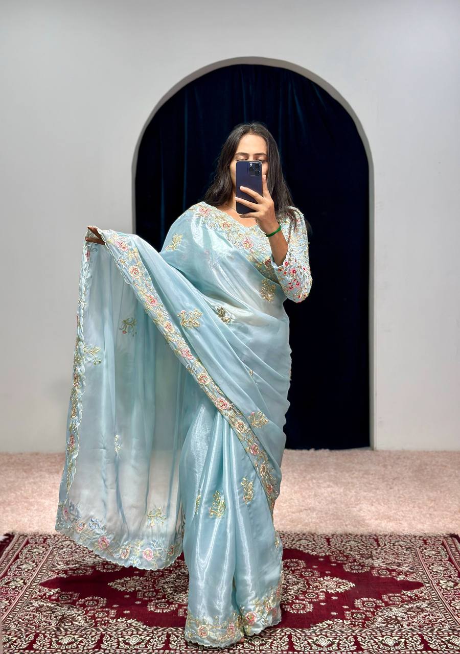 Cerulean Blue Embroidery Saree