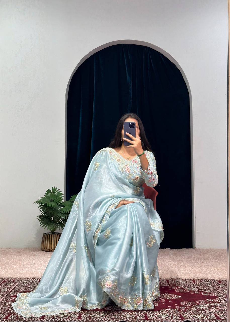 Cerulean Blue Embroidery Saree