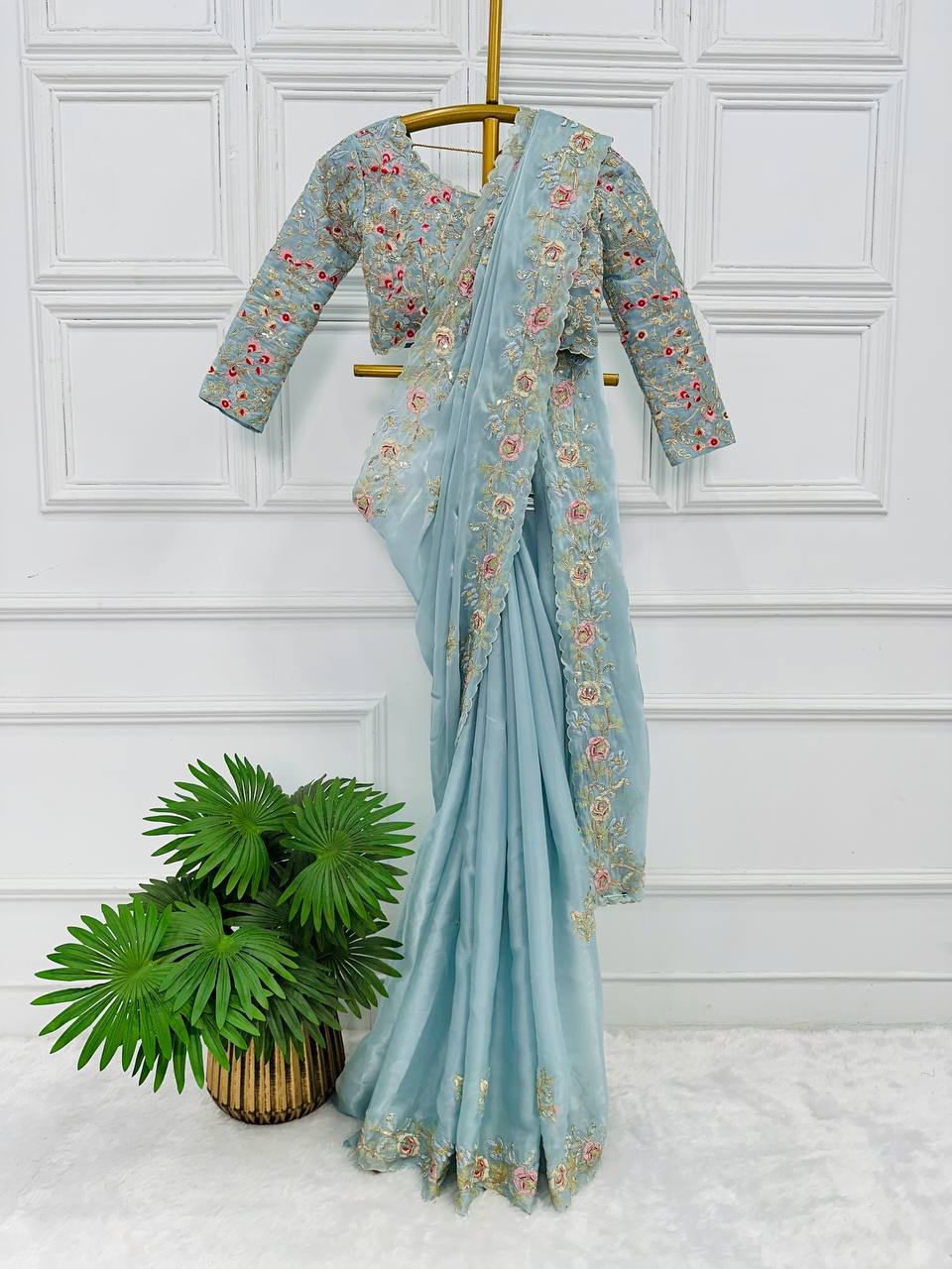 Cerulean Blue Embroidery Saree