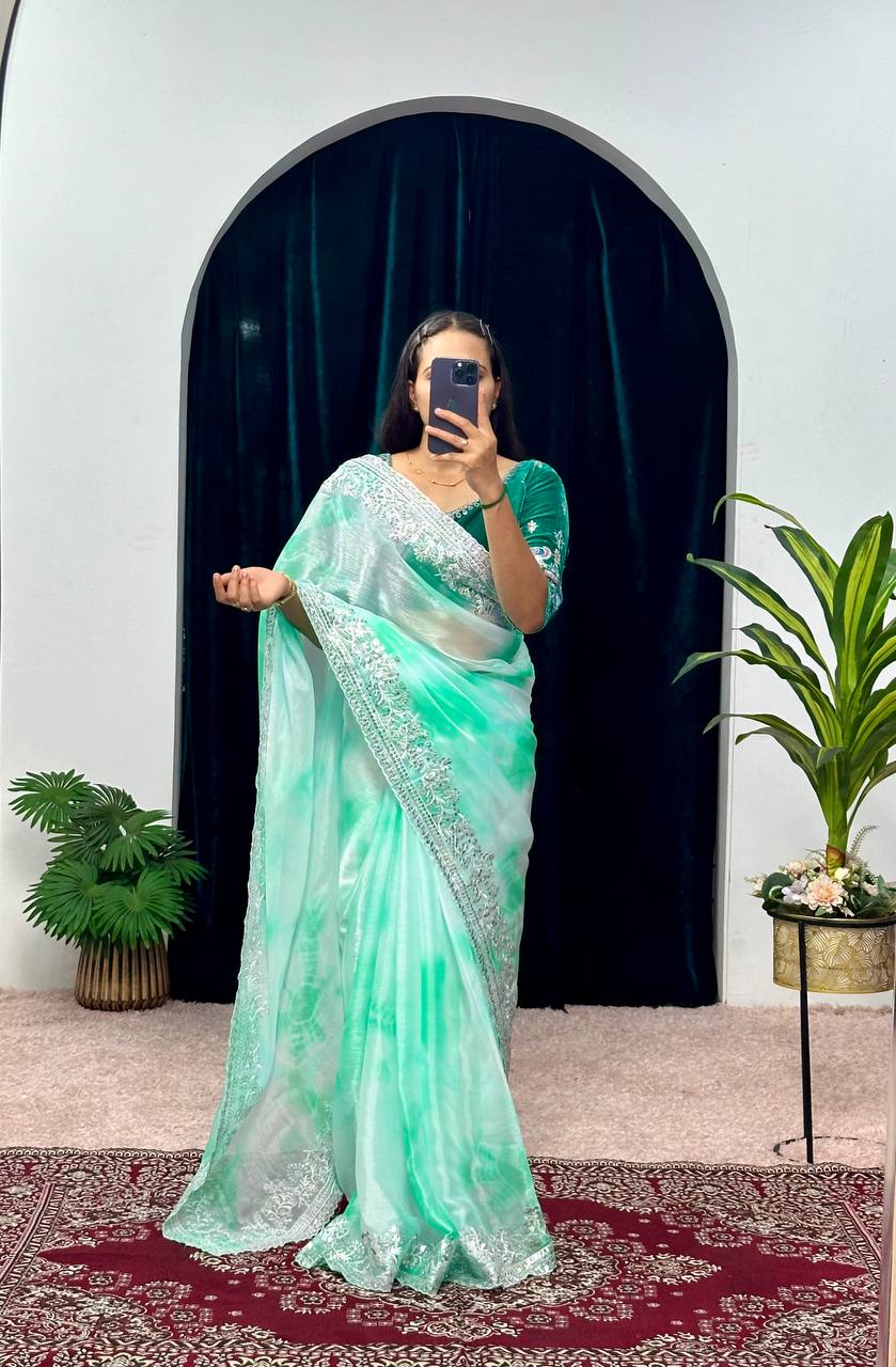 Cerulean Sky Blue Embroidery Saree