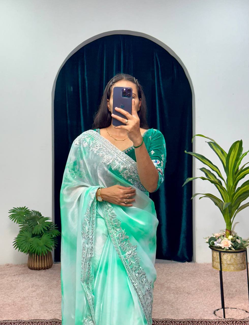 Cerulean Sky Blue Embroidery Saree
