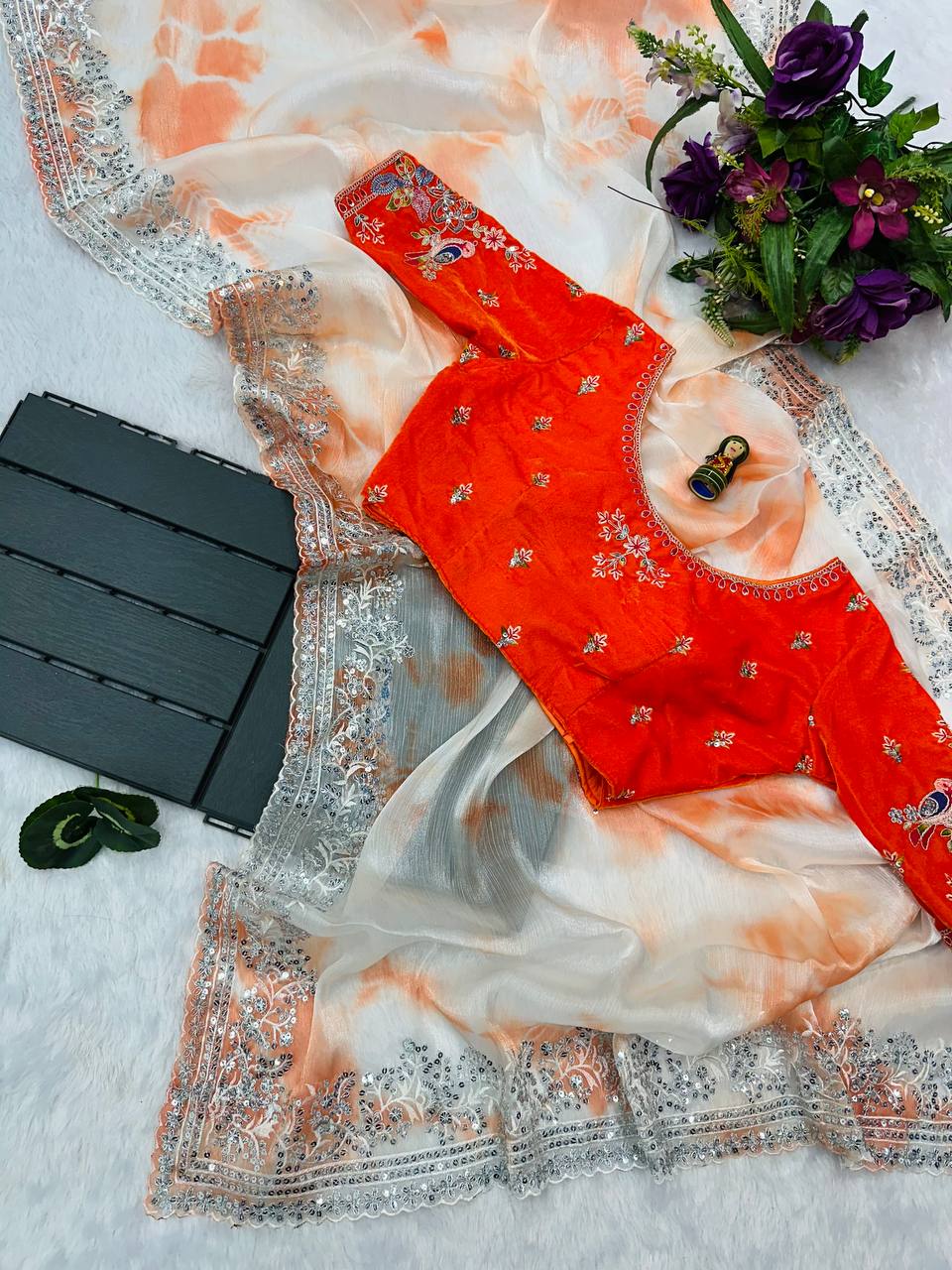 Valencia Orange Embroidery Saree