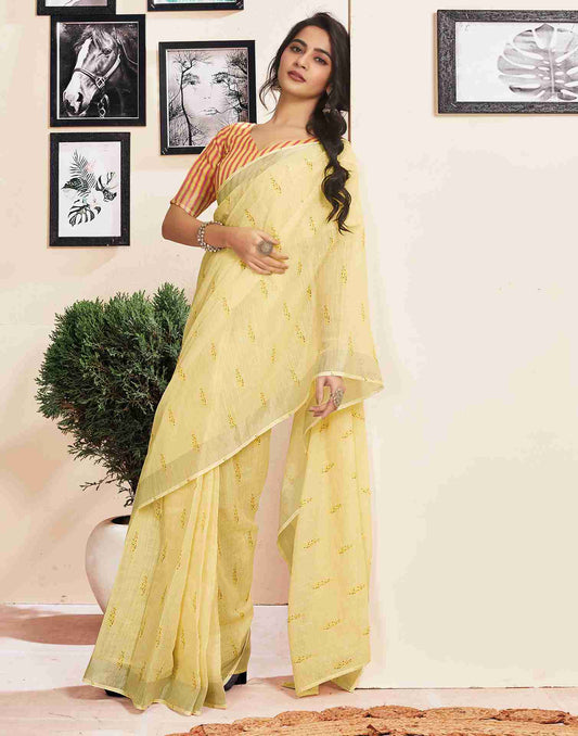 Alabaster Yellow Printed Saree