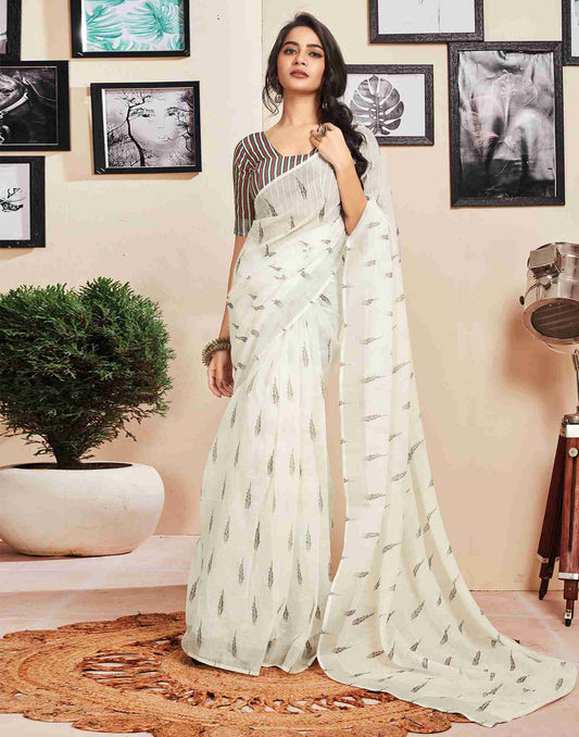 Anaemic White Printed Saree