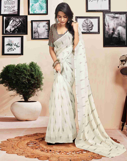 Anaemic White Printed Saree