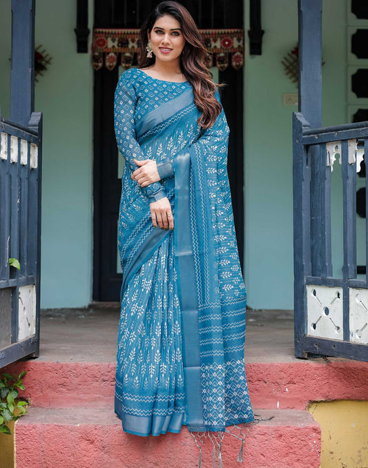 Agitated Blue Printed Saree