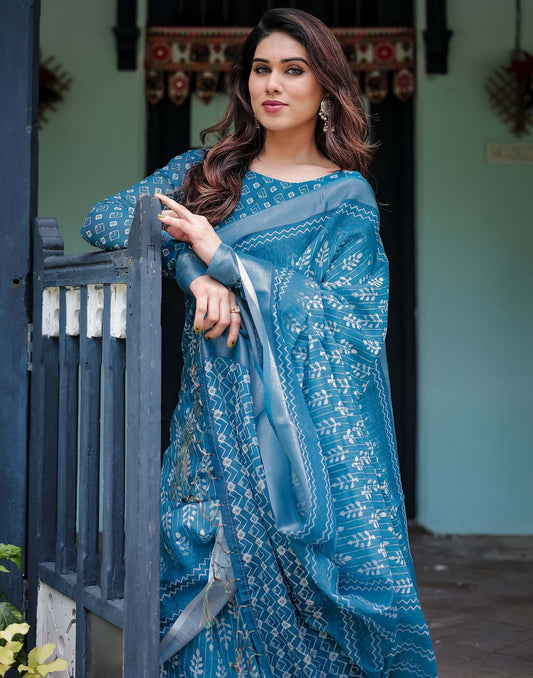 Agitated Blue Printed Saree