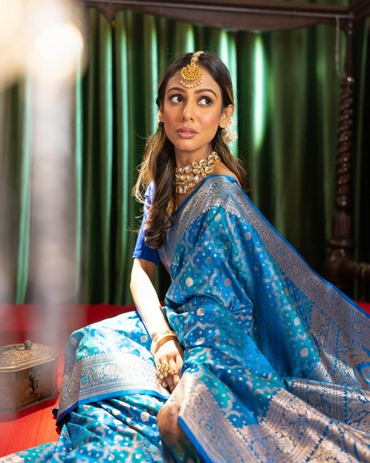 Cyanic Blue Woven Banarasi Saree