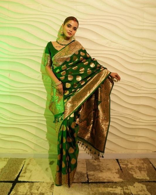 Cornucopian Green Woven Banarasi Saree