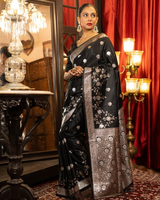 Charcoal Black Woven Banarasi Saree