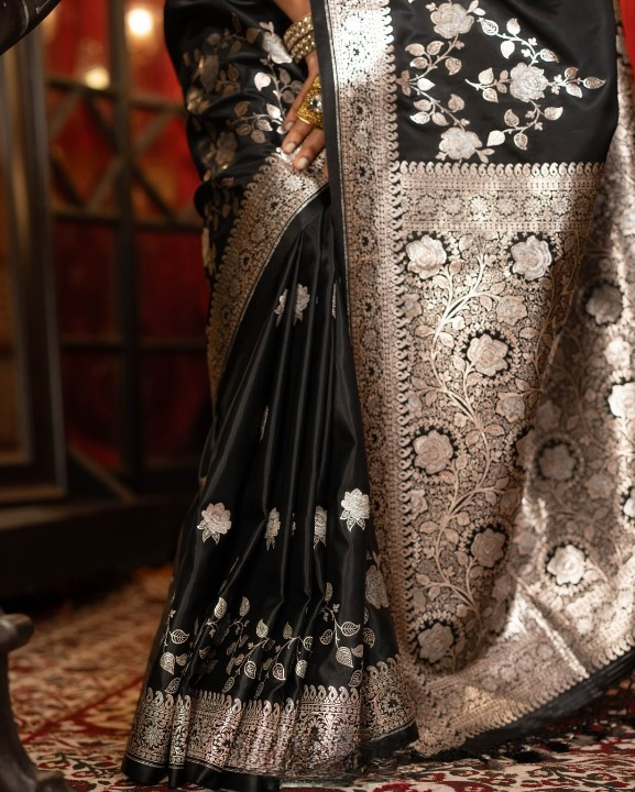 Charcoal Black Woven Banarasi Saree