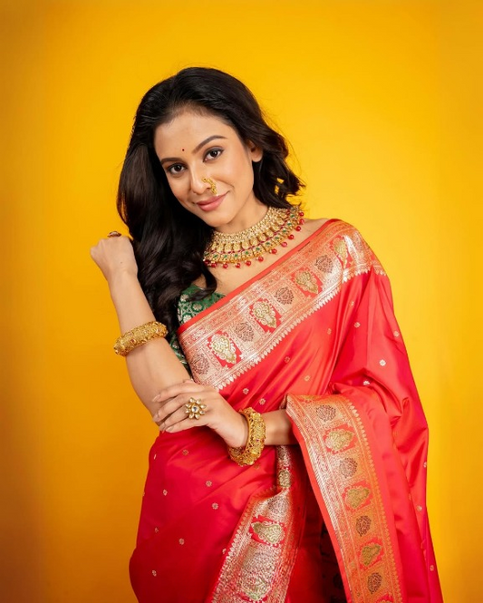 Rubicund Red Woven Banarasi Saree