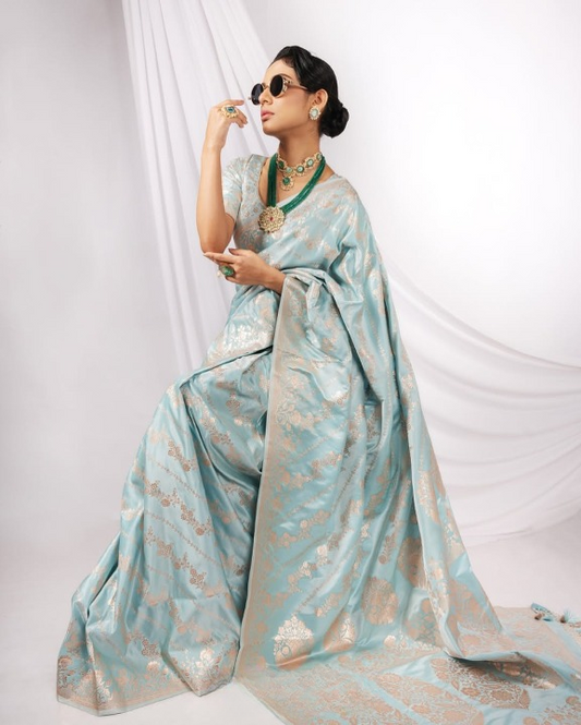 Teal Blue Woven Banarasi Saree