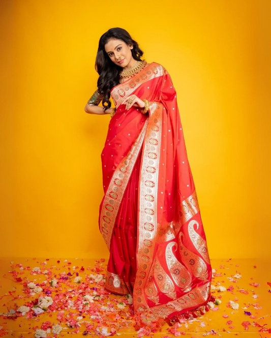 Rubicund Red Woven Banarasi Saree