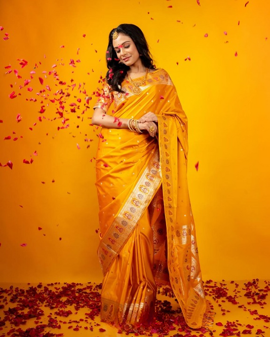 Pearly Yellow Woven Banarasi Saree