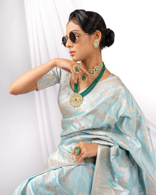 Teal Blue Woven Banarasi Saree