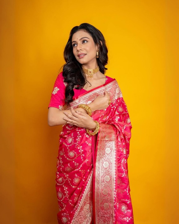Erubescent Red Woven Banarasi Saree