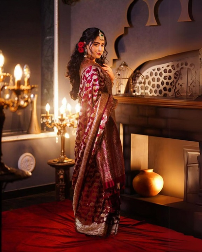 Claret Red Woven Banarasi Saree