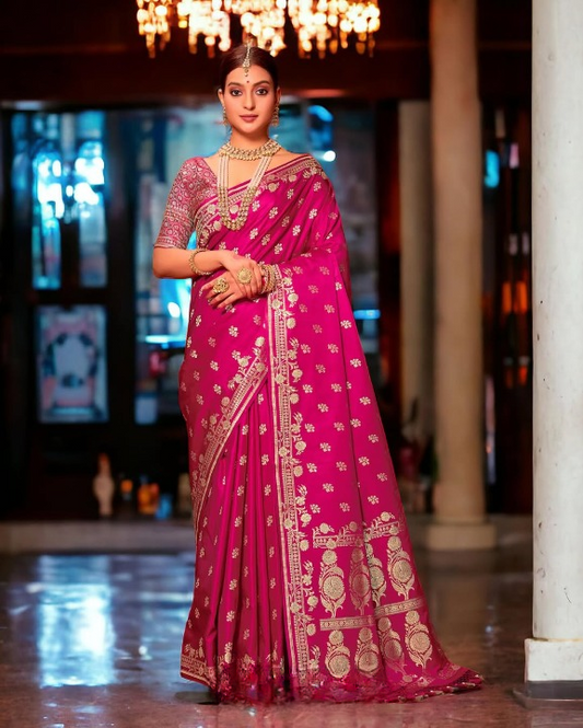 Carmine Pink Woven Banarasi Saree