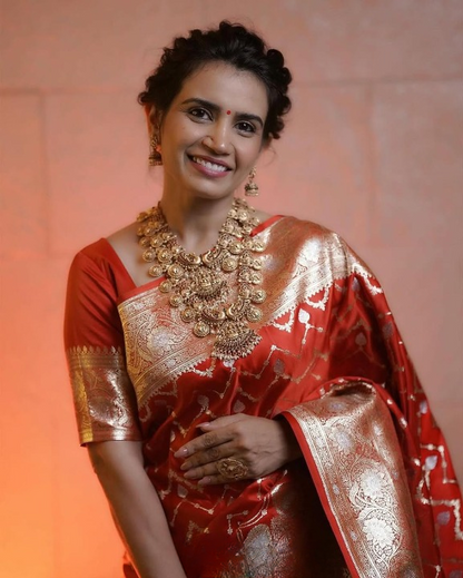 Rufescent Red Woven Banarasi Saree