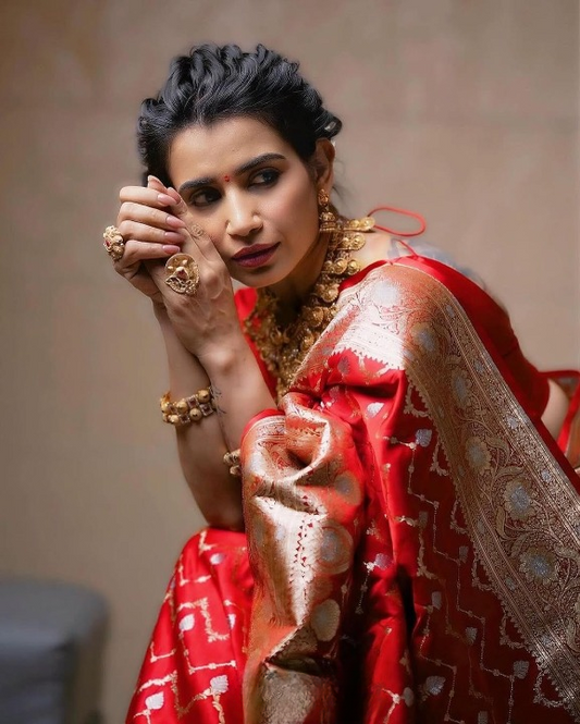 Rufescent Red Woven Banarasi Saree
