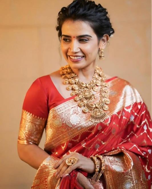 Rufescent Red Woven Banarasi Saree