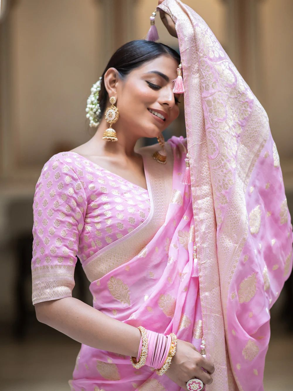 Chestnut Pink Banarasi Silk Saree