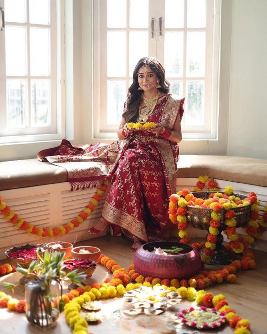 Aflush Red Woven Banarasi Saree