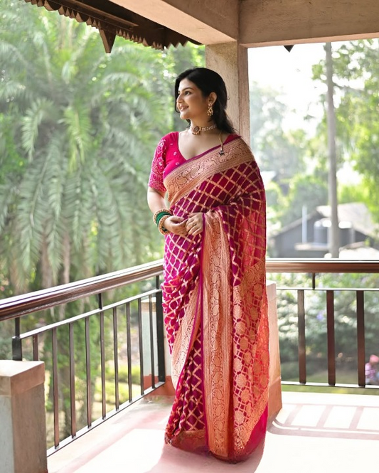 Cerise Pink Woven Banarasi Saree